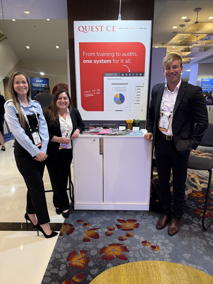 QuestCE's tweet photo. FINRA's Annual Compliance Conference is officially underway! Our team at Quest CE, Allison Byrne, Sam Mathison, &amp; Jessica Mundy, is ready to connect with you about simplifying compliance challenges. 

Stop by booth #36 for compliance swag &amp; see why firms trust our solutions! https://t.co/7vI0iAl32Z
