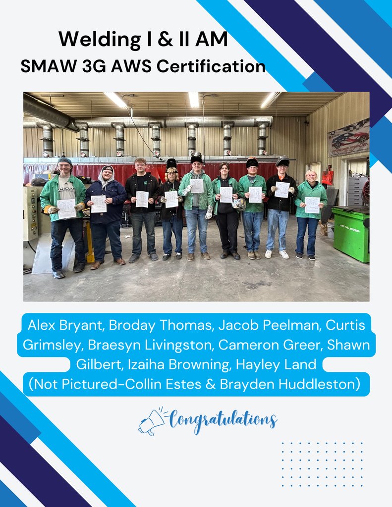 SCCIndiana's tweet photo. Congratulations to our Welding I &amp; Welding II classes on earning their SMAW 3G AWS Certification! https://t.co/glgoSV9aPL