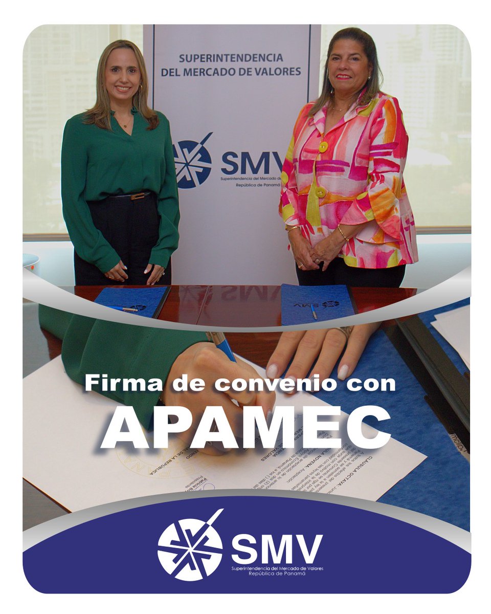 Supervalores_Pa's tweet photo. La Superintendencia del Mercado de Valores (SMV), mediante la firma de un convenio con la Asociación Panameña del Mercado de Capitales @apamecpanama  , formalizó su incorporación como aliado estratégico del APAMEC Forum 2026, que se llevará a cabo el 3 de junio.

La SMV formará parte del grupo de expositores del APAMEC Forum 2026, con la participación de Maruquel Murgas de González, quien compartirá su visión y experiencia en el análisis de tendencias clave para el crecimiento sostenible del mercado de capitales en Panamá.

En la firma participaron la presidenta de APAMEC, Patricia Boyd, y la Superintendente Maruquel Murgas de González.

#SMV #Panamá #EducaciónFinanciera