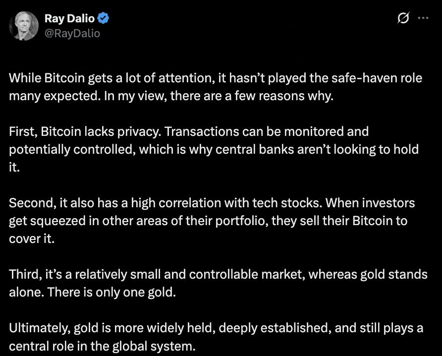 whitee_rhinoo's tweet photo. #RayDalio argues #Bitcoin failed to become a safehaven as it lacks #privacy and remains too correlated with tech stocks - he notes central #banks won't use it for #reserves because it is traceable. #GOLD stays superior, deeply embedded in the #financial system and far more stable than the crypto #market

#MarketUpdate #StockMarket #trading #USA #stocks #Bullish #bearish #TRUMP $Trump #America #DonaldTrump #rates #GlobalTrade #altcoin #altcoins #altseason #coin #coins #token #cryptocurrency #crypto #UnitedStates #BTC $BTC