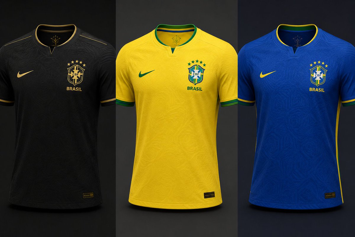 Marcosmarqs2's tweet photo. @Nike É difícil? 
Com literalmente três palavrinhas no ChatGPT eu criei 3 camisas MUITO mais bonitas que as que vocês lançaram.
Sem inventar moda, sem poluir o uniforme e respeitando a identidade da Seleção.
Vocês realmente estão pagando alguém pra criar aquelas camisas? https://t.co/5noREWZKwQ