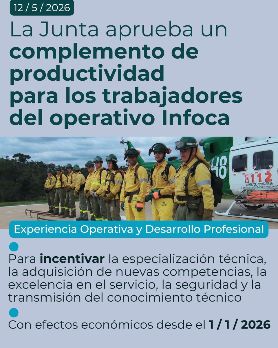 antoniosanz's tweet photo. El Consejo de Gobierno aprueba un nuevo complemento de productividad para los profesionales de EMA @Plan_INFOCA.

Un avance histórico que reconoce la experiencia, la especialización y el compromiso de quienes protegen Andalucía frente a incendios forestales y otras emergencias. https://t.co/PsXv7caVdt