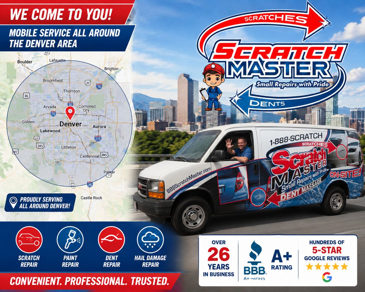 1_ScratchMaster's tweet photo. 🚗✨ Got scratches, dents, paint damage, or hail damage on your vehicle? Skip the body shop hassle — Scratch Master comes to YOU anywhere in the Denver area!

Our mobile repair service means we can fix your vehicle right at your home, office, or driveway https://t.co/QGwA5ZwqRr