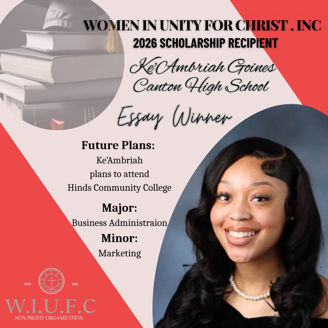WomenInUnity601's tweet photo. Women in Unity For Christ would like to recognize the high school graduates who are our Class of 2026 Scholarship Recipients. 
Akeelah Brooks- @VJ_Falcons
Ke'Ambriyah Goines- @CantonSchools
Thank you to all our brilliant applicants this year. https://t.co/qPSuXLIIFG
