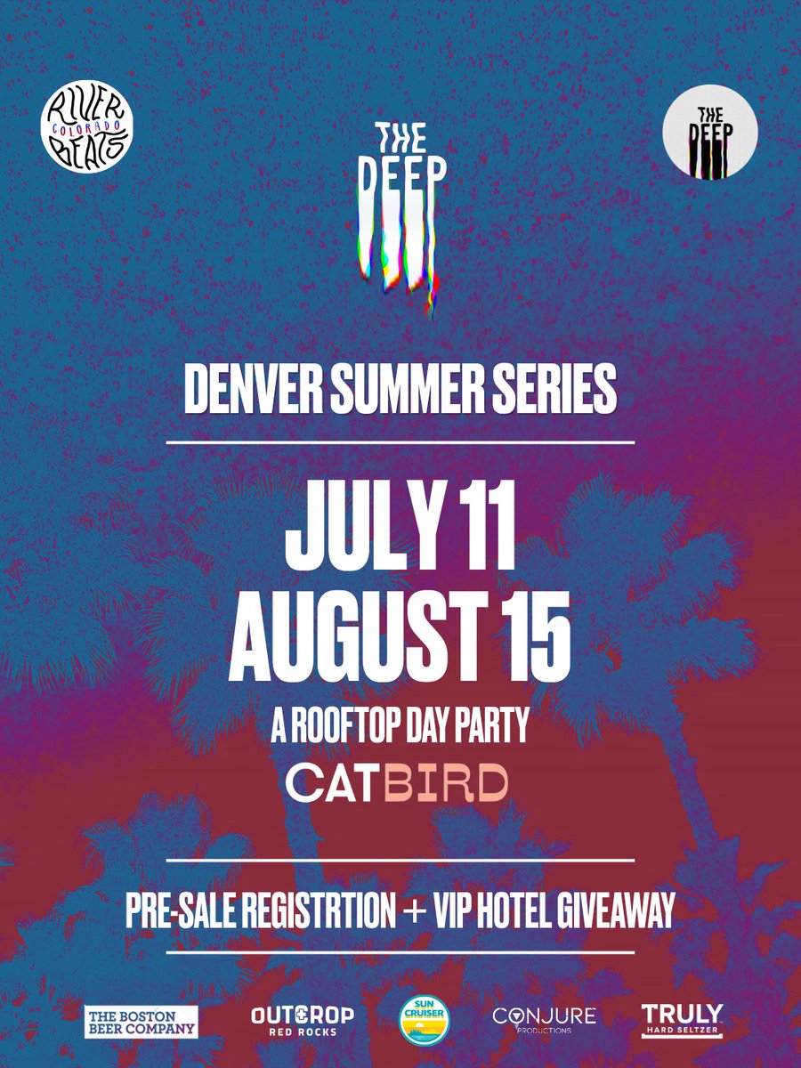 RiverBeatsCO's tweet photo. DENVER…THE DEEP SUMMER SERIES IS BACK 🌆

We’re returning with TWO rooftop day parties at Catbird hotel in RiNo on Saturday - July 11 &amp; August 15! 

Register for pre-sale, &amp; enter for a chance to win tix + a one-night hotel stay at the Catbird + RB Merch. Enter in comments! ⬇️ https://t.co/A5kXxyPdx4