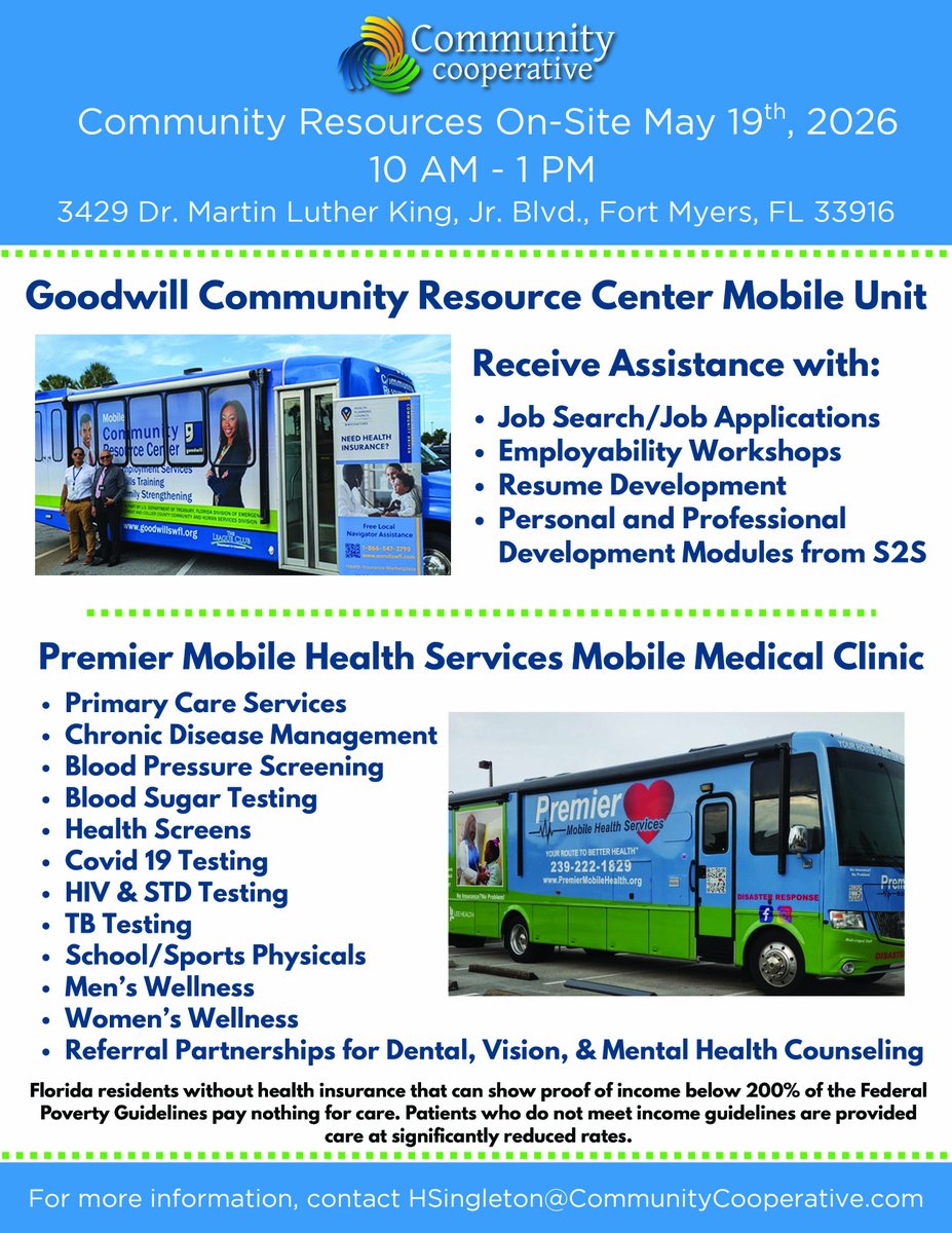 goodwillswfl's tweet photo. Our Goodwill Mobile Community Resource Center and Premier Mobile Health Services Mobile Medical Clinic will be on site at:

 Community Cooperative
3429 MLK Blvd., Fort Myers
Join us Tuesday, May 19th
🕙 10:00 AM – 1:00 PM

#GoodwillSWFL #communitycooperative #swfl https://t.co/GLQZuUH0o9