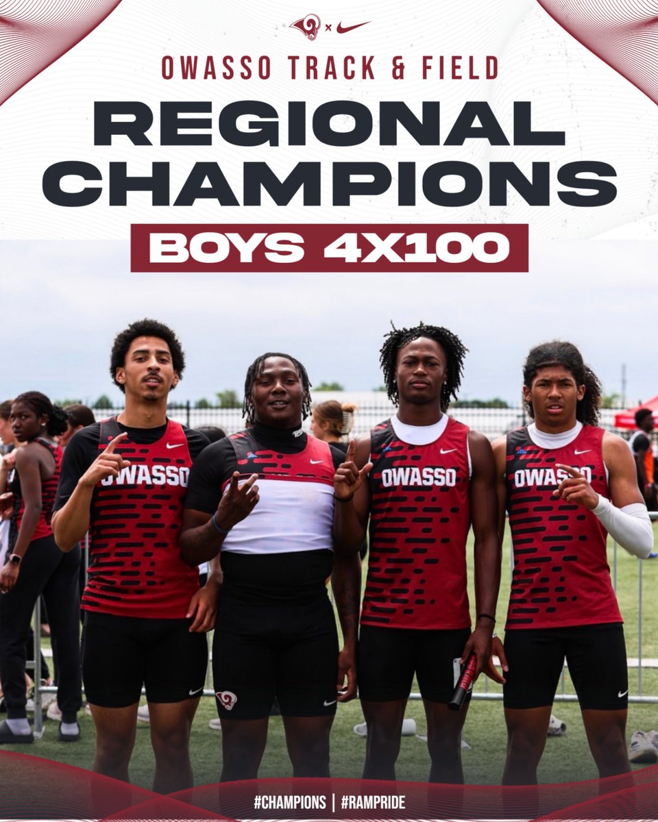 OwassoAthletics's tweet photo. Congratulations to the boys 4x100 relay team of Brealon Keys, CJ Tugwell, Jayden Hall, and Tah'Kari Bethel - they beat a school record with a time of 41.60 and won the Regional Championship on Saturday!

#CHAMPIONS | #RamPride https://t.co/CQQTwmmOYm