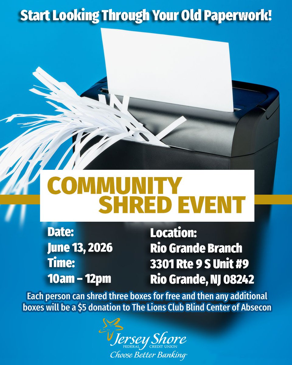 jsfcu's tweet photo. Join in Rio Grande Saturday, June 13th for our Community Shred Event! The event will be held from 10 am to 12 pm and each person can shred three boxes for free. Any additional boxes will be a $5 donation.

Visit our website: https://t.co/5sdfVSsJxg https://t.co/TLb89y0nMo