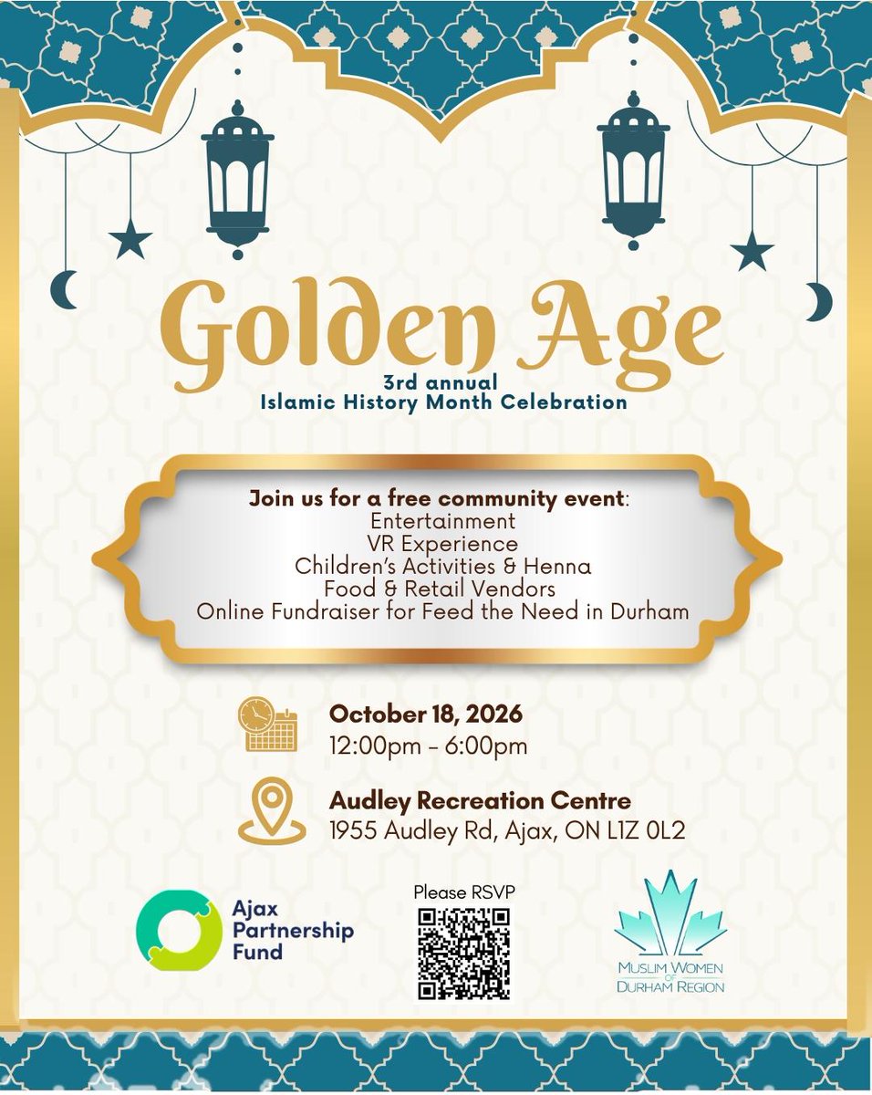 MWDurhamRegion's tweet photo. We are excited to announce our 3rd annual Golden Age celebration made possible through a partnership grant from the Town Ajax. October is officially recognized as Islamic History Month in Canada, proclaimed by Parliament in 2007 to celebrate, educate, and share the rich culture https://t.co/usMBtSMaKC