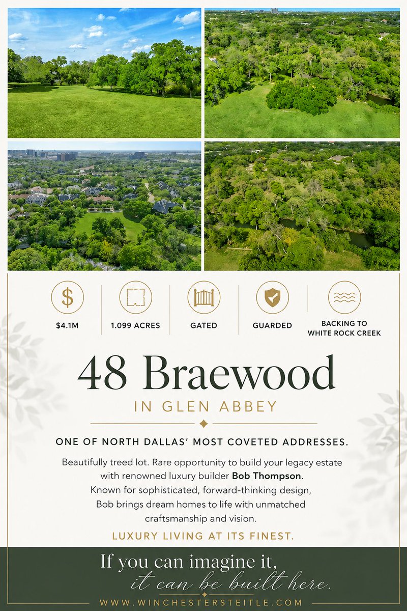 WS__Group's tweet photo. Featured Listing: 48 Braewood, Dallas, Texas. This amazing Glen Abbey lot is available.  Create and build with Bob Thompson - the best builder coupled with the best address is a winning combination! #Dallasrealestate #Dallashomes #Bobthompson #winchestersteitlegroup #Compass https://t.co/OZH9jVyiC1