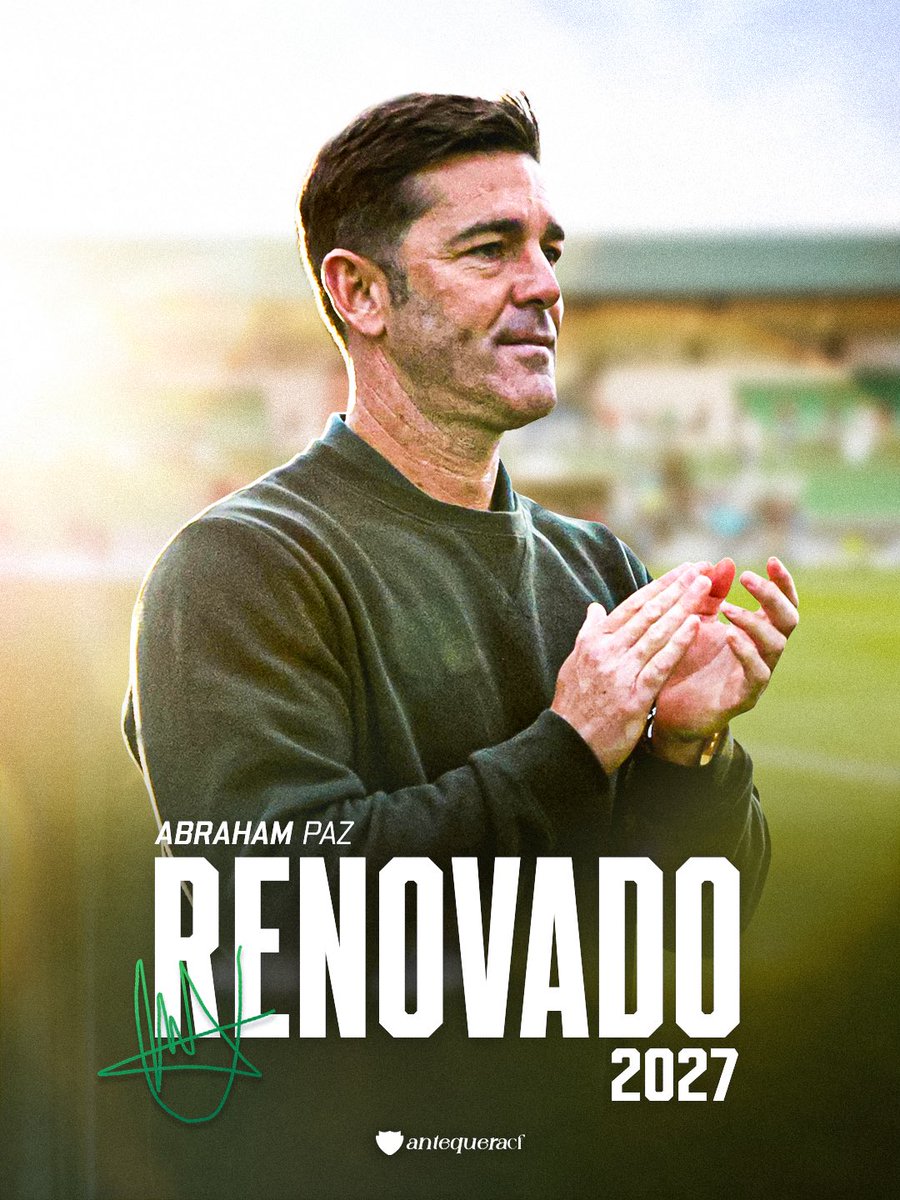 AntequeraCF's tweet photo. 📝 𝗥𝗘𝗡𝗢𝗩𝗔𝗗𝗢 | 2️⃣0️⃣2️⃣7️⃣

✅ Nuestro entrenador, @Abraham28494167, seguirá al frente del banquillo de El Maulí hasta junio de 2027.

🤝 Desde el #AntequeraCF reafirmamos nuestra confianza en este proyecto con el objetivo de seguir creciendo juntos.

#EstoEsAntequera ⚪️🟢 https://t.co/3bXuSdvLnQ