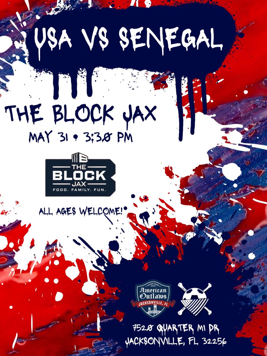 AOJacksonville's tweet photo. Here we go! Join us Sunday, 5/31 at The Block Jax to cheer on the @USMNT as they take on Senegal in one of two send-off matches before the start of the @FIFAWorldCup! Kickoff is at 3:30 PM and, as always, all ages are welcome. See you there! #AOJax 🇺🇸 https://t.co/QkiRyBkWTp