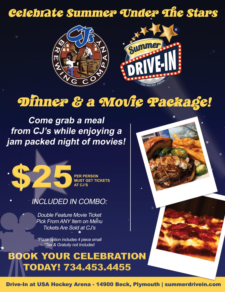 Summer_DriveIn's tweet photo. Dinner at CJ's Brewing Company &amp; a movie? We can’t think of a better way to kick off your weekend! 📽️🍔

✨ $25 per person includes:
🎟️ Double feature movie ticket
🍽️ Your choice of ANY item on the menu

Tickets must be purchased at CJ’s!

https://t.co/436iMh055J https://t.co/VGQDMKJT5t
