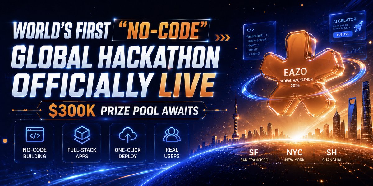 EazoAI's tweet photo. New York, this one’s for you.
EAZO Global Hackathon is bringing together creators who want to turn ideas into live products — without writing code.
$300K prize pool.
No-code full-stack building.
Real apps, real users, real shipping.
Apply: https://t.co/lVrdsnvLMr
#NYCtech #AI https://t.co/o9OMjRZgts