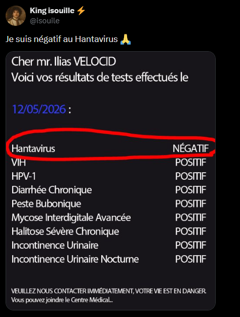 VelocidTV's tweet photo. 🚨🇺🇸 | Le #YouTubeur isouille annonce être négatif à l'Hantavirus. https://t.co/kAkVO85NNZ