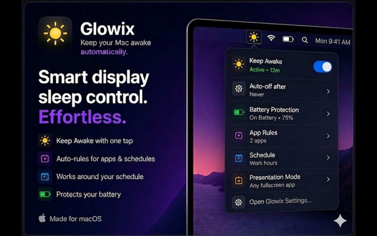 astrolabs21's tweet photo. Menu bar utilities that quietly improve workflows are underrated.
Glowix has been one of those apps for me lately:
smart display wake control for macOS.
No more constantly touching sleep settings.
#macapps #indiedev #Apple https://t.co/smZrFf6N2u