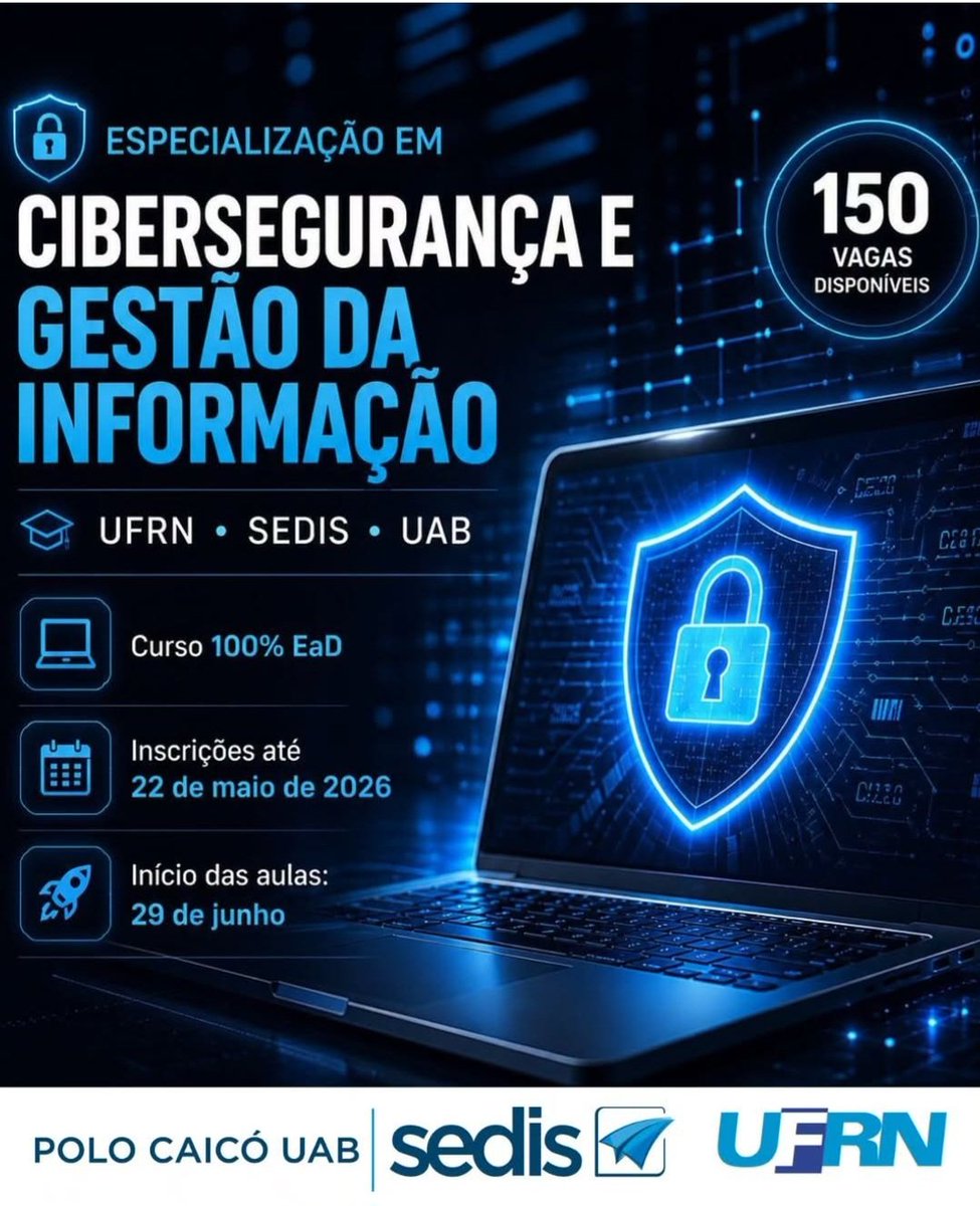 gilsongsilva's tweet photo. https://t.co/as3OyJFzog - CURSO DE ESPECIALIZAÇÃO EM CIBERSEGURANÇA E GESTÃO DA INFORMAÇÃO / DCT - UFRN - SEDIS - UAB https://t.co/YH0IEt5mfP