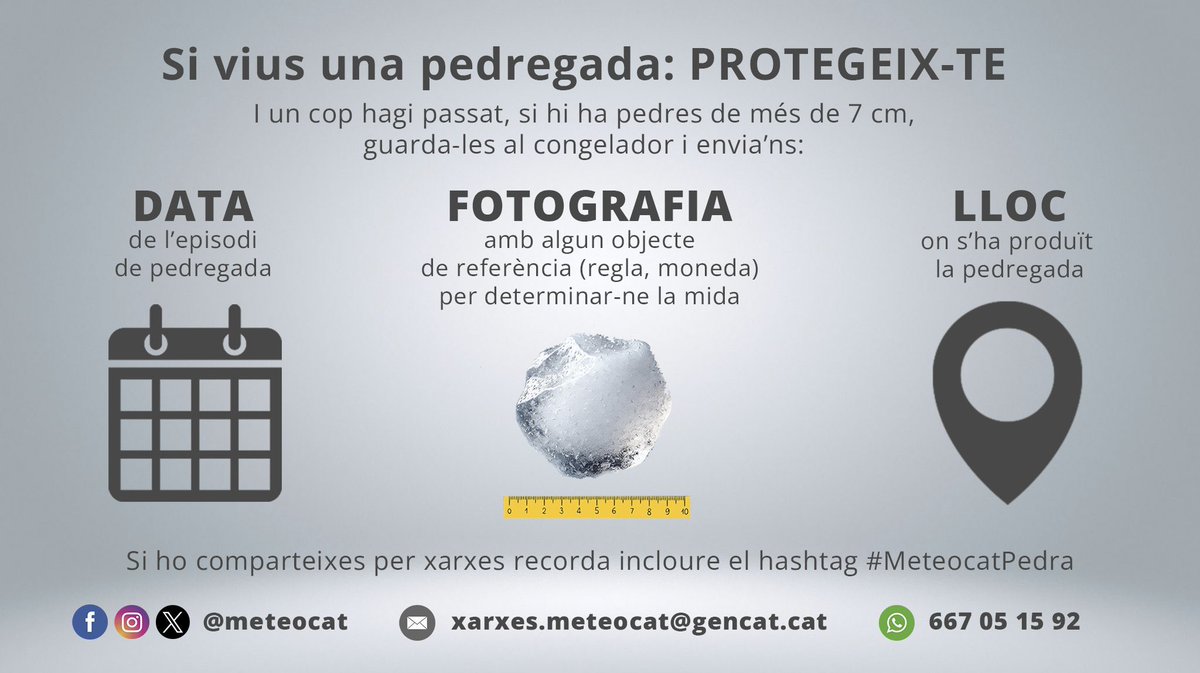 P4Estacions's tweet photo. 🔎 Recordeu que el @meteocat fa seguiment de les pedregades a Catalunya a través del projecte de ciència ciutadana #meteocatpedra. 

‼️ Si en veieu i podeu prendre'n fotografies amb total seguretat, publiqueu la foto fent servir el hashtag o envieu un correu a xarxes.meteocat@gencat.cat
