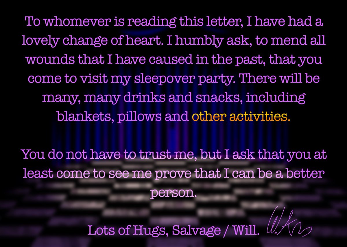 VASHACAGAR's tweet photo. [ The note reads as following. ]

[ It seems genuine for once, shockingly enough. ]

[ And for some reason, you simply can’t refuse the offer. ]

[ A location is marked at the bottom of the letter, saying to meet backstage— as he has a “secret hideout” it’s hosted in. ] https://t.co/ap8duCR2GU