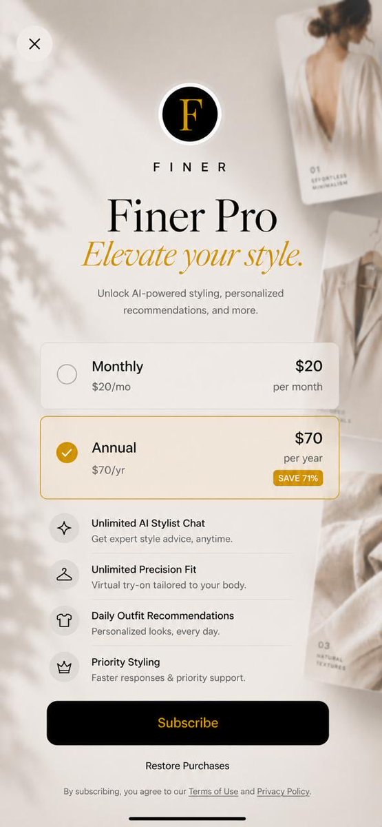 AaronLopes2's tweet photo. Paywall screen for Finer - .99 or round it up? https://t.co/7655Bpvdxt
