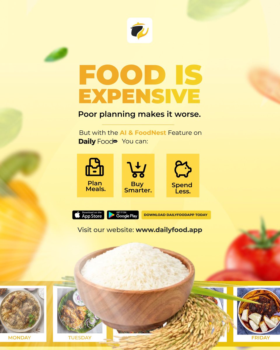 DailyFoodApp's tweet photo. Food prices may be high… but bad planning will drain your pocket even faster 😭🍚

With DailyFoodApp’s AI &amp; FoodNest features, you can:
✨ Plan your meals
🛒 Buy smarter
💰 Spend less

Less waste. Less stress. Better feeding. 🙌🏽

Download DailyFoodApp today. https://t.co/6fQ4ojvw1X