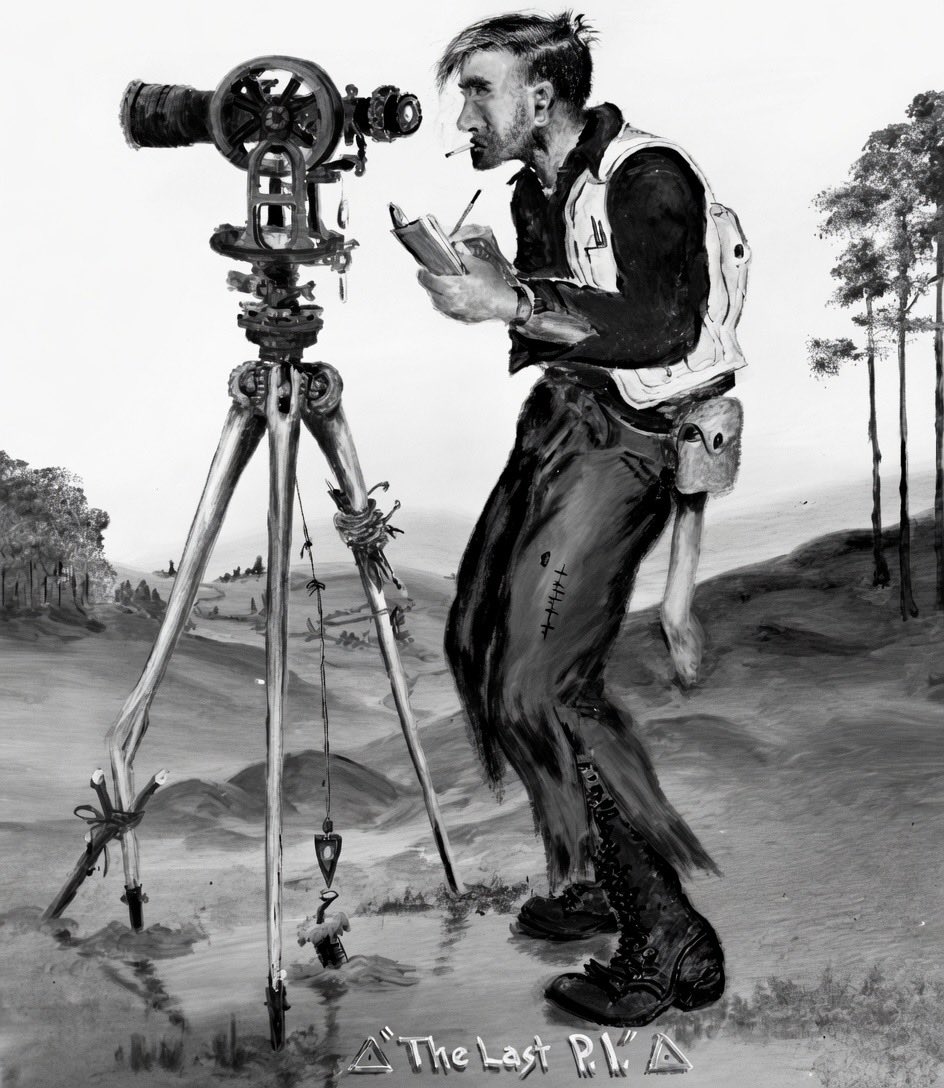rplsmorris's tweet photo. 🎨 Honoring Betty (Elizabeth) Keith, talented artist & wife of legendary Florida surveyor Bill Keith!  She created iconic ink sketches like “The Last P.I.” — celebrating the rugged spirit of traditional land surveyors at the final Point of Intersection on a tough job.  A true tribute to the profession’s roots before GPS. 
Originals are prized collector’s items in surveying offices.
#Surveying #LandSurveyor #FloridaHistory #TheLastPI