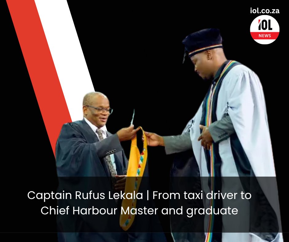IOL's tweet photo. Captain Rufus Lekala, Harbour Master, graduates with Master of Commerce in Maritime Studies from UKZN after four years, from taxi driver to maritime leader, researching Durban container port capacity challenges. 
#RufusLekala #TNPA #UKZN #MaritimeStudies #PortOfDurban #Transnet 
Read more here: https://t.co/VfgvNrprmo