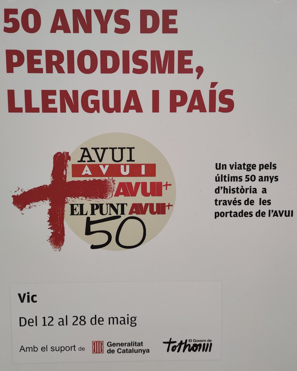 CCVicJoanTriadu's tweet photo. [EXPOSICIONS]
👉Exposició: AVUI, 50 anys de periodisme, llengua i país. Una exposició itinerant per celebrar els 50 anys del naixement del primer diari en català des de la República
📆Acte: 13/5 a les 19h
⏰Visites: Del 13/5 al 28/5 de 16 a 20 h
🧐 https://t.co/SK0AbboKhd https://t.co/dAjGigNpiV
