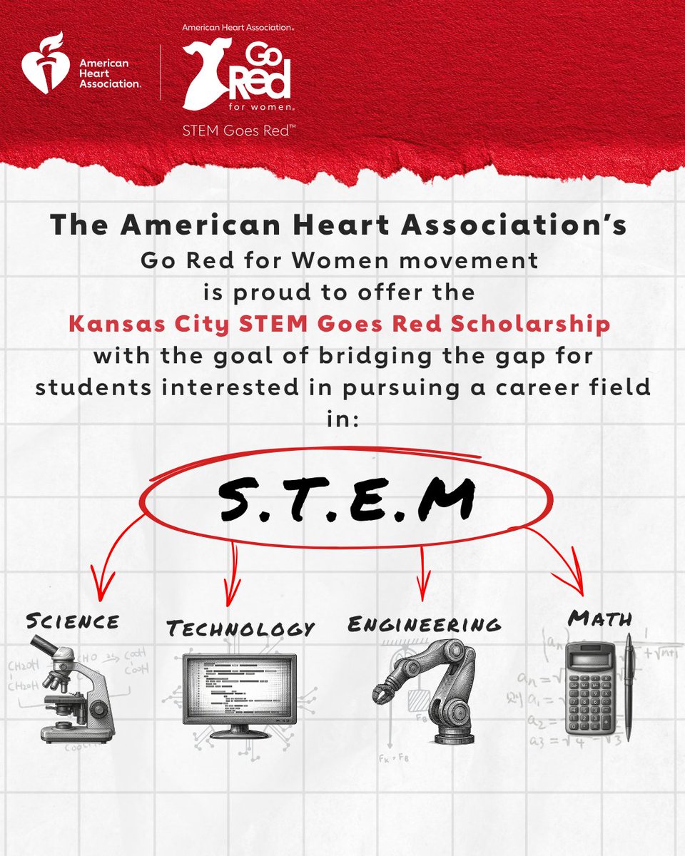 AHAKansas's tweet photo. 🚨 Future women in STEM!

Up to $5,000 is waiting through the KC STEM Goes Red Scholarship.

⏳ Apply by Friday at 11:59 PM
Don’t wait—bet on yourself. 

👉https://t.co/qFe5kIUmne

#STEMScholarship #GirlsInSTEM #Scholarship #MissouriSchools #kansasschools #collegescholarships https://t.co/tto5lzDz8P