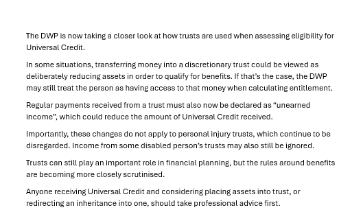 LexingtonWM's tweet photo. The DWP is now taking a closer look at how trusts are used when assessing eligibility for Universal Credit... https://t.co/vpio2tqq40