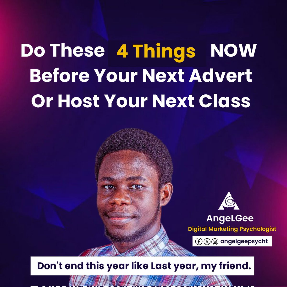 AngeLGeepsycht's tweet photo. Before you run your next Advert or host your class – do these 4 things now:

1️⃣ Stop using KLT. Use the R.A.T.E instead.

Think about it. Your family and friends Know, Like and Trust you - so why are they still NOT buying? 

Very simple: They don’t RESPECT you.

That’s where the R.A.T.E strategy comes in:

🎯 Respect
🎯 Authority
🎯 Trust
🎯 Edutainment

Until these 4 pillars are active, you’ll keep posting but remain invisible.

Start by sharing powerful Content-Copy to build authority.

Next? Qualify your leads and disqualify your audience to build trust.

After that? Show unique expertise to earn respect.

Then, sprinkle humour for edutainment.

2️⃣ Start CLOSING subtly. 

Listen. Closing does not start when you're selling. It is NOT when you handle objections or close a deal.

It starts the FIRST time new leads land in your DM, group - or when they come across your posts, content, or website.

– Your tone.
– Your videos.
– Your structure.
– Your positioning.
– Your story-telling.
– Your dopamine effect.
– Your emotional connectors.

All of these begin closing people (even before they see your offer). But most people don’t know this closing psychology.

That’s why they keep losing 60–80% of their sales without knowing.

3️⃣ Know your niche DEEPLY.

Every niche has its own:

* Language
* Funnel
* Hook
* Offer
* Marketing angle
* Audience behavior
* Sophistication stage

But many people fail because they’re doing the WRONG thing for their niche.

Some are creating courses when they should be offering services.

Some are selling services when they should be monetizing templates.

Some are creating ebooks when they should be offering consultation.

Some are building communities when they should be building audiences.

And some are building audiences when they should be building communities.

The result?

Frustration ➡️ Confusion ➡️ Little/no results ➡️ Start again.

But this shouldn’t be your story.

4️⃣ Start using Psychology. It is the ultimate game changer.

The reason why a tiny % of people in your niche are more successful is because they understand human psychology (how people think, what makes them buy, etc).

For example,

People don't buy products. They buy solutions.

People don't buy features. They buy the benefits.

People don't buy effort. They buy transformation.

People don't buy the best. They buy the best-known.

You see, AI is helpful but it can't replace our emotional human connection. That's why psychology remains TOP in every niche.

Psychology is what sparks desire. It triggers decisions. And it makes buying feel natural.

So, ignite “emotional triggers & connectors" in the minds of your target audience and they'll buy with ease.

These are just part of the “18 things" I usually inspect for my clients when giving them proven digital solutions.

Because Why?

A strong headline, design, or video might attract people. But only the right psychology converts them.

That’s why you must sprinkle:

✅ Premise
✅ White Space
✅ Content-Copy

These elements quietly pull people in – the same way you’re still reading this post now (despite how long it is).😉

And Guess What?

I created the AngeLGee Psychology Nation.

It's a community where I post content around PSYCHOLOGICAL marketing and strategies to help you...

...understand people, control outcomes, and dominate results in money, business, relationships and Life.

And yeah. It's 100% FREE.

✅ Use the LINK in the comment section to join over 8,000+ others in the AngeLGee Psychology Nation...

...and gain instant access to premium marketing resources and trainings 100% for Free.

Don't end this year like Last year, my friend.

The END.💙🏆
.
.
.
👋 My name is AngeLGee.

I’m Africa's No. 1 Digital Marketing Psychologist.

I help brands and businesses speak the secret language of their target audience, solve real challenges, and boost their income (within 34 days) using Digital Psychology.

You can send me a message, let's work together and help you get results too.