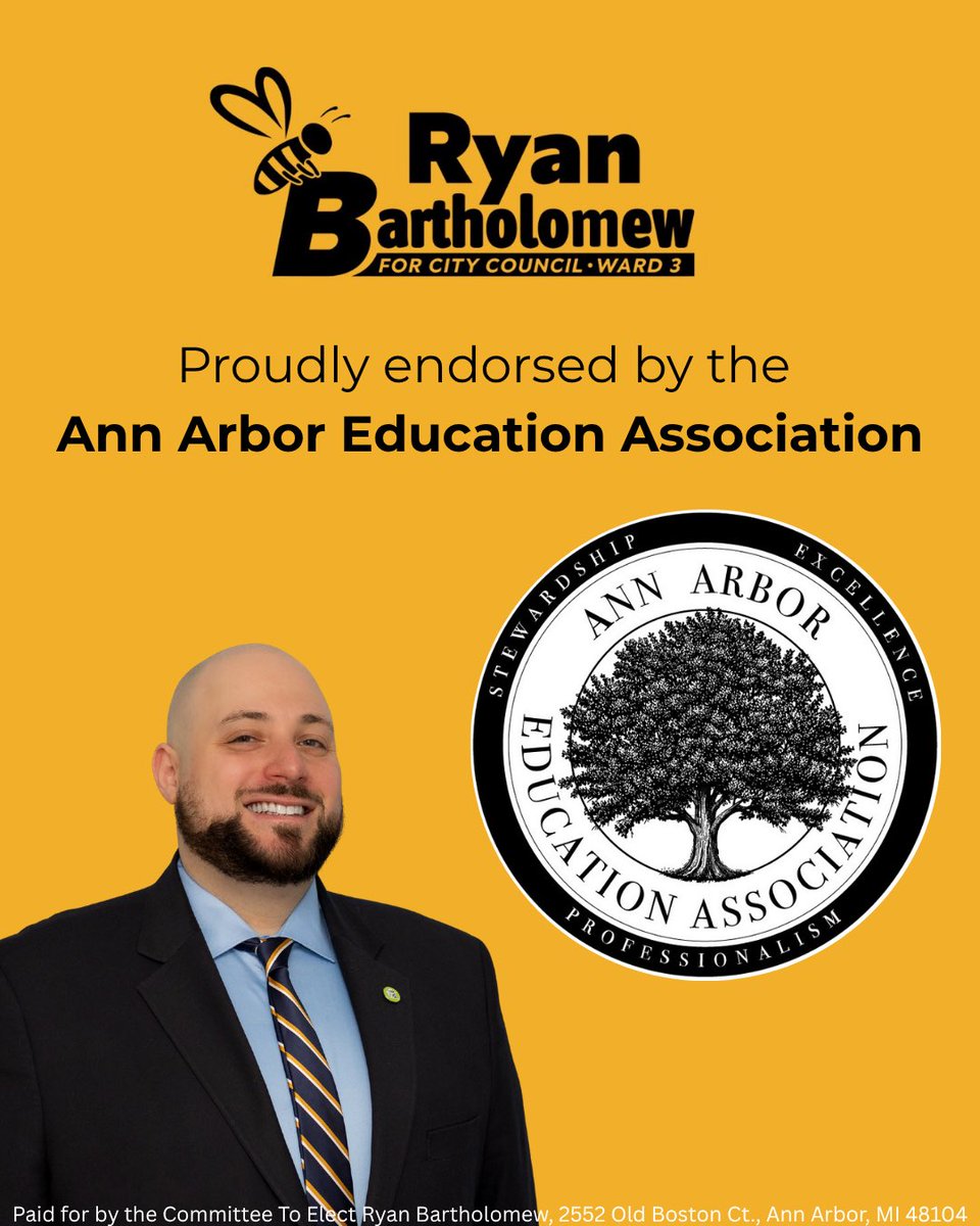 RyanBforWard3's tweet photo. Thank you so much, AAEA! Being the spouse of an AAPS teacher, I am deeply honored to receive this endorsement. Our teachers work tirelessly for our community, giving all they have and asking for very little in return. It’s about time our local government does the same for them https://t.co/nc54WfeDmE
