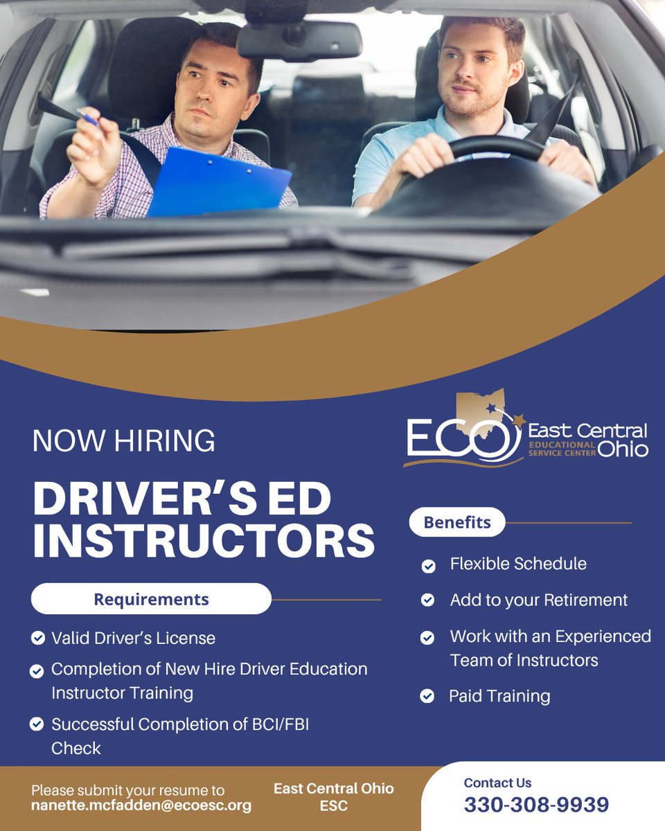 ecoesc's tweet photo. East Central Ohio ESC is hiring Driver's Ed Instructors! Flexible schedule, paid training, and retirement benefits included. Apply now at https://t.co/qyMDpegoUr https://t.co/pGCUAXTFBG
