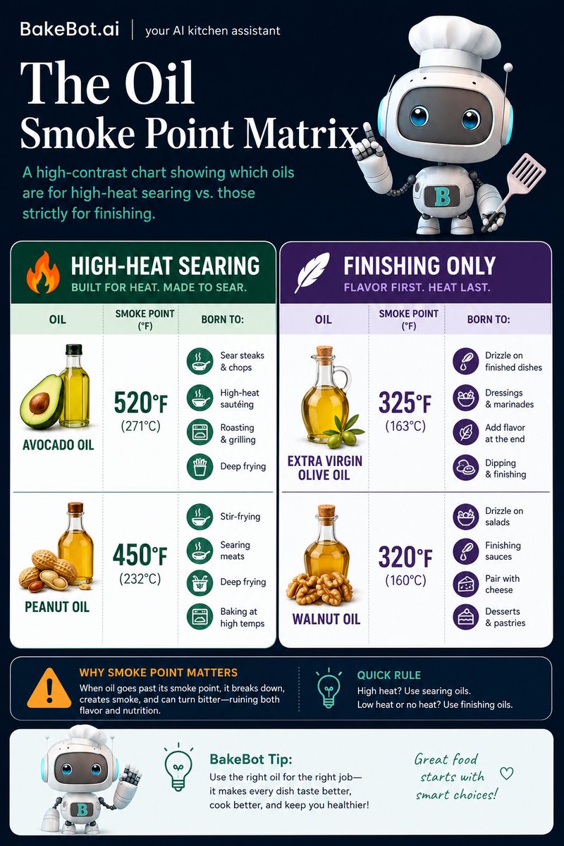 BakeBotPro's tweet photo. There's a reason your food tastes bitter and your pan keeps smoking. Welcome to the BakeBot School for Home Cooks 🍳

Today's Class 👉 The Oil Smoke Point Matrix
Right oil. Right heat. Every time.

Follow for more or go try https://t.co/EkbUv9XcBO, it's free!

#bakebot #food #smartkitchen #culinaryschool #homecooks #ingredients #grocery #cooking