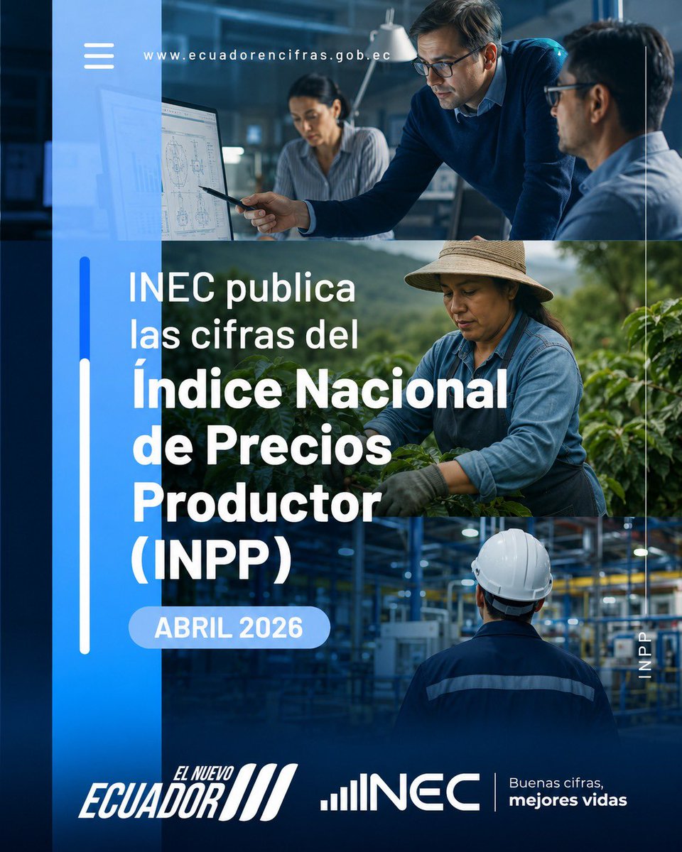 Ecuadorencifras's tweet photo. 📣 #INECInforma
🧑🌾Ponemos a disposición de la ciudadanía el Índice Nacional de Precios Productor #INPP, para conocer cómo evolucionan los precios en el país, generados en los sectores agropecuario, industrial y de servicios.
📊 En abril de 2026, el INPP registró:
✅ 1,22 % de variación mensual.
¡Información esencial para entender el comportamiento económico del Ecuador!
🔗Consulta mas en el siguiente enlace: https://t.co/059FummUlJ
#BuenasCifras #MejoresVidas