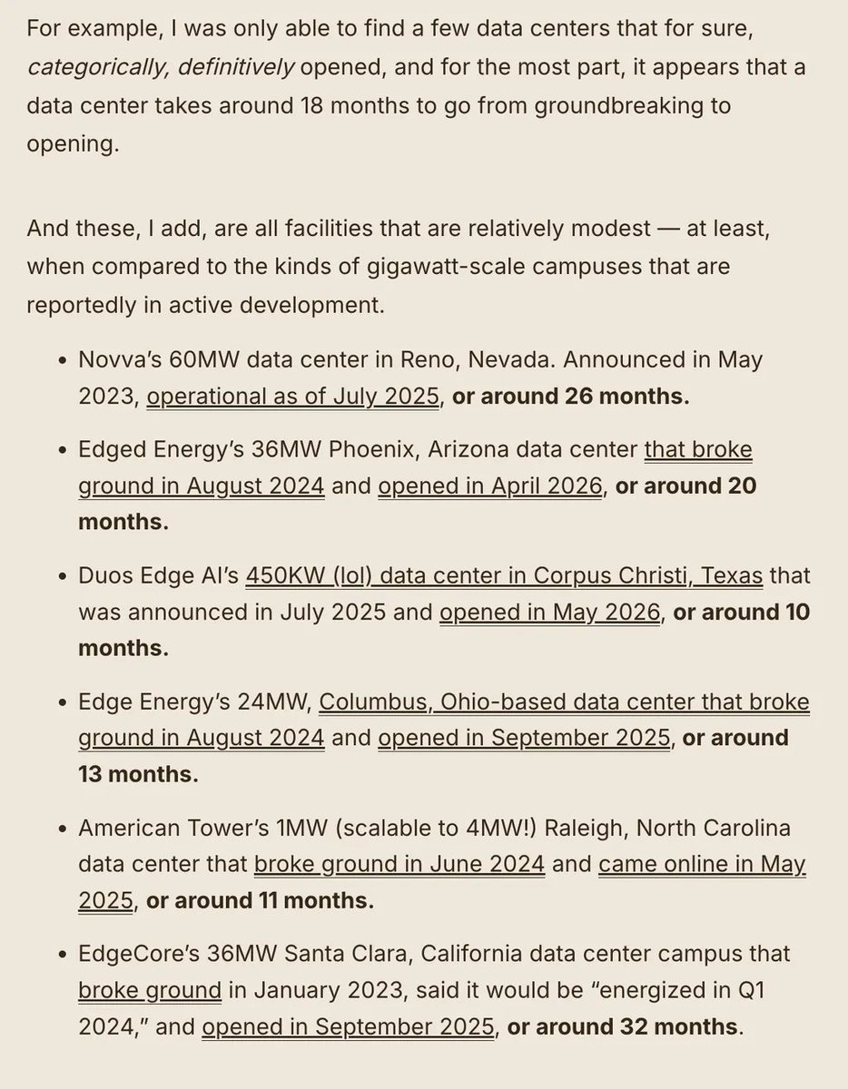 edzitron's tweet photo. I expanded my search to any data center in America that had broke ground since 2023, and while some were complete, the vast majority were years into construction, or had brought single phases online while claiming the whole thing was complete.
https://t.co/5F2TP4Kx3x https://t.co/6po5fZGcwE