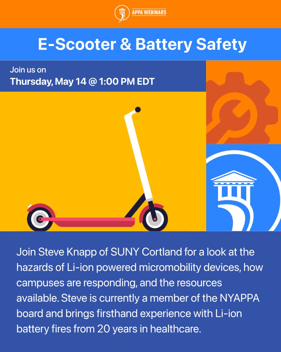 APPA_facilities's tweet photo. Micromobility devices are everywhere on campus, and the risks are catching up faster than the regulations. Join Steve Knapp of SUNY Cortland to learn the hazards of Li-ion devices, how campuses are responding, and resources to help. 

Register here: https://t.co/n8Kl9sxfWW https://t.co/kGt0X7CgQX