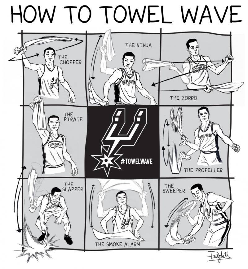 TurnAndBurn210's tweet photo. For the youngins, please consult Patty Mills for proper towel waving technique! #PorVida #GoSpursGo https://t.co/EKWHfb8SoI