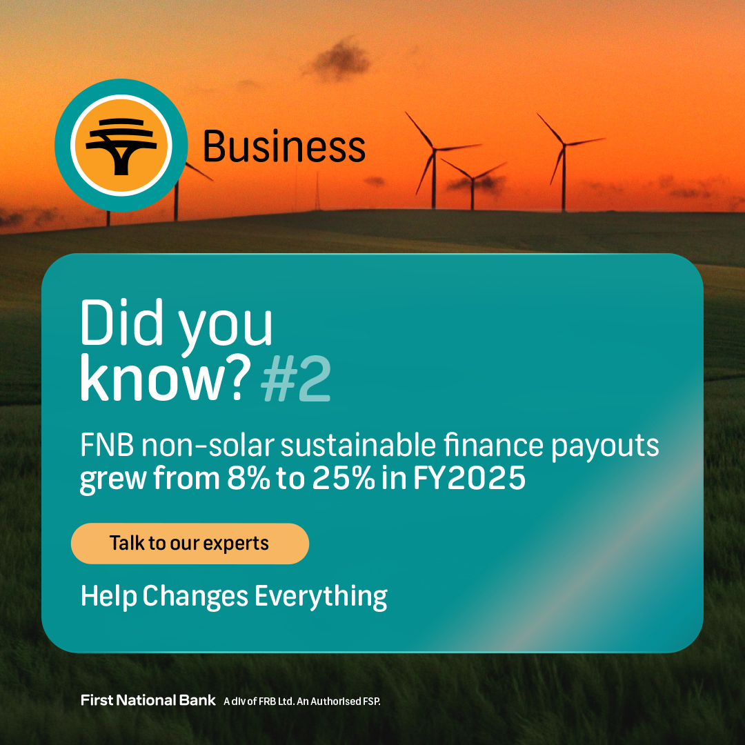 FNBSA's tweet photo. Sustainability is shaping the future of agriculture 🌱 In FY2025, FNB saw growth in non-solar sustainable finance as businesses invested in EVs, water capture &amp; storage, and climate-resilient production. Visit us at #NAMPO2026 to learn more about how we can help your business. https://t.co/8IoB0f1EZJ