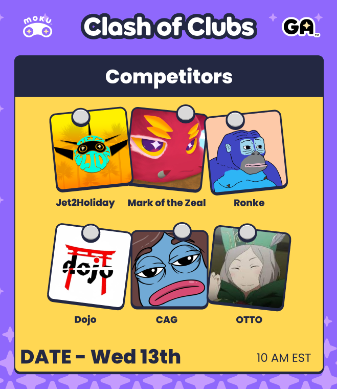 Moku_HQ's tweet photo. Are you ready to see some of the Top Clubs face off in a Draft Battle before the season ends?

This Wednesday, Thursday and Friday @ 10 AM every day, these clubs will be facing off against each other in elimination contests to see who will win some Mokis and Lucky Packs for their club. Join us in the Moku Discord to see all the action every day.