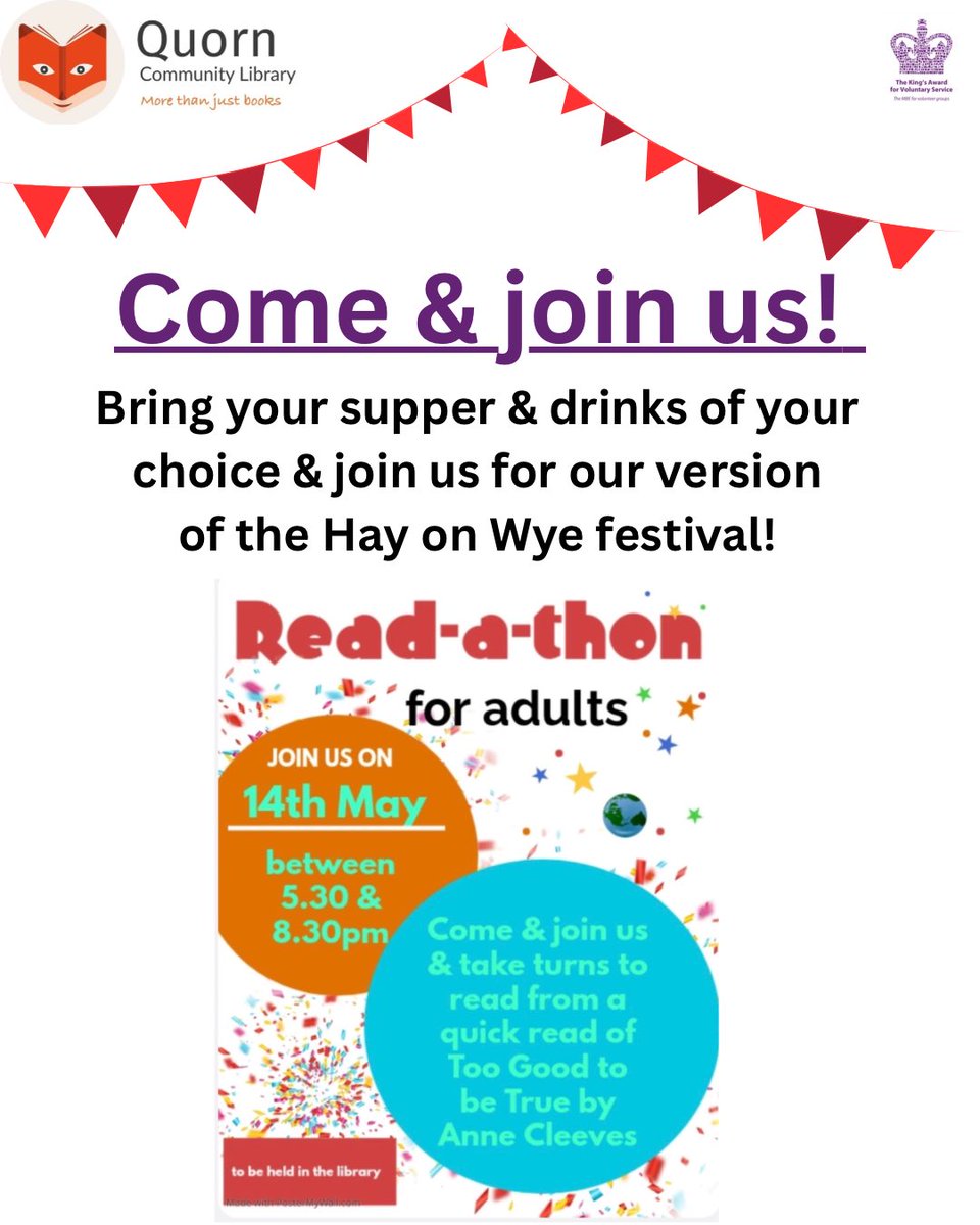 QuornLibrary's tweet photo. Don’t miss this! 
Our mini Reading festival. Come &amp; read the chosen book, or sit &amp; chill &amp; be read to! 
You can join anytime during the evening, pop in for an hour or stay all night! 
Don’t forget to bring your supper &amp; drinks! https://t.co/1lNczRWkjh
