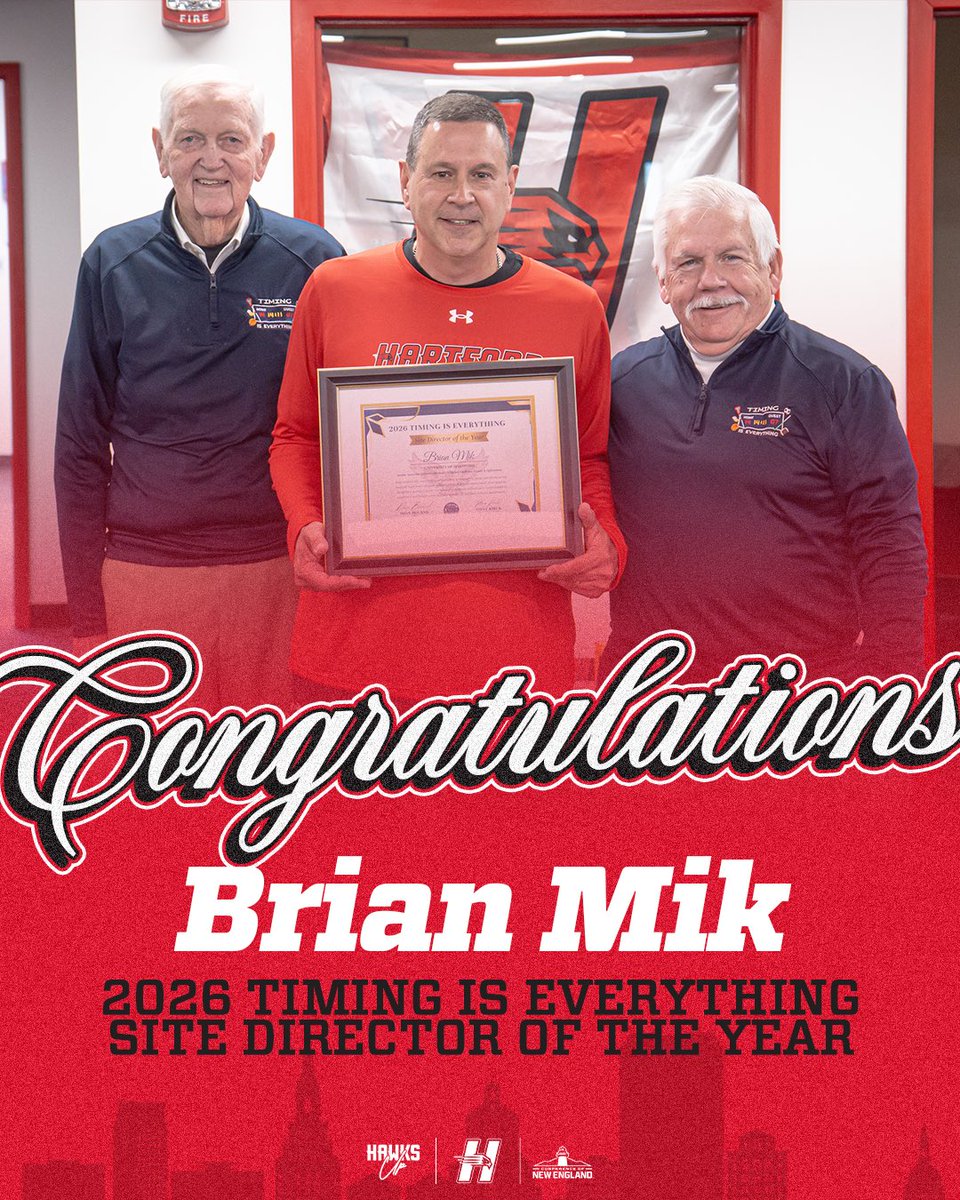 HartfordHawks's tweet photo. Congratulations to Our Senior Associate Athletic Director Brian Mik for Being Named the 2026 Timing is Everything Site Director of the Year! 

#HawkPride https://t.co/V4so7BpFT3