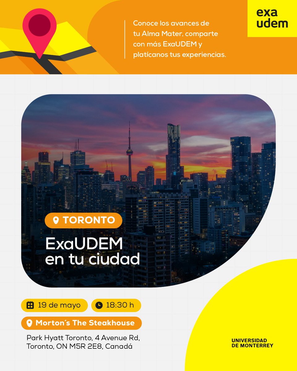 ExaUDEM's tweet photo. 🍁 ExaUDEM en tu Ciudad | Toronto

📅 19 mayo | 6:30 pm
📍 Morton’s The Steakhouse

#ExaUDEM #Toronto https://t.co/4zfzFAPT43