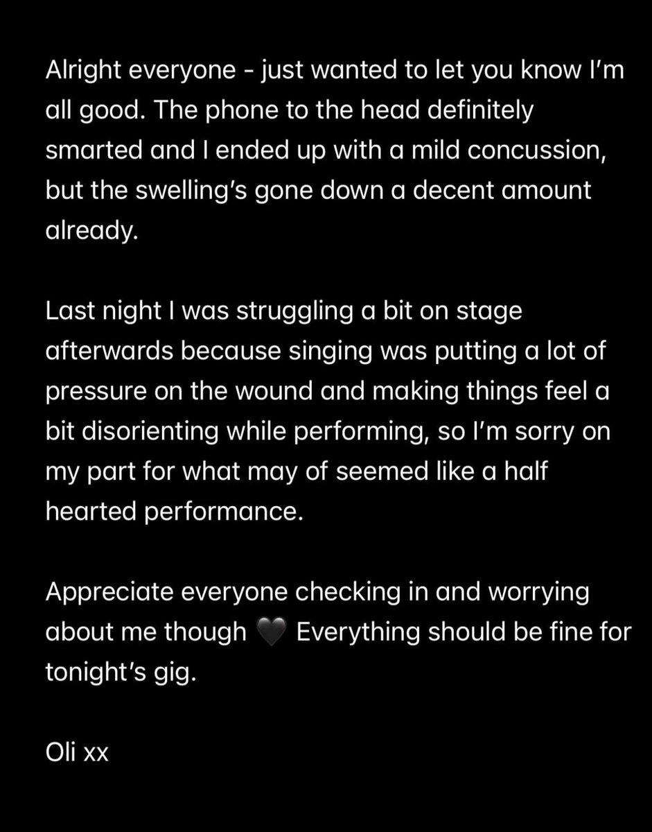 SOTSPodcast's tweet photo. Oli Sykes (Bring Me The Horizon) has released a statement addressing last night's incident. https://t.co/YB8d3VoDJP
