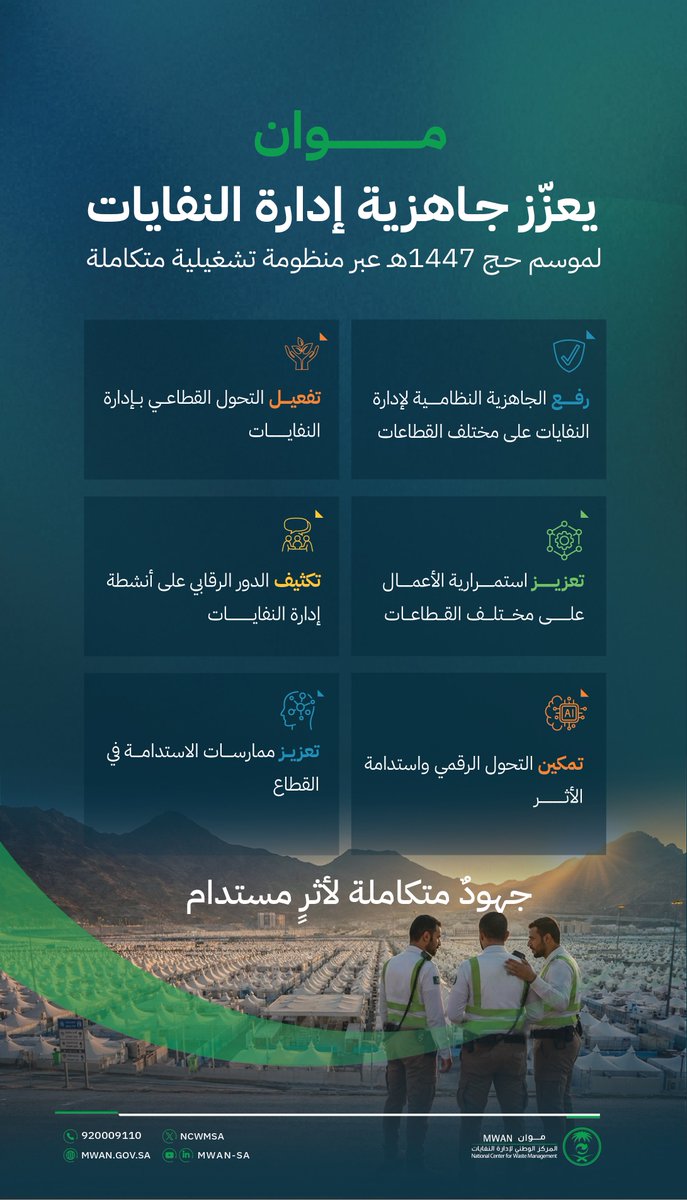 ncwmsa's tweet photo. #موان يكثّف استعداداته لموسم #حج_1447هـ عبر منظومة تشغيلية وميدانية متكاملة؛ تهدف إلى رفع كفاءة قطاع إدارة النفايات في مكة المكرمة والمشاعر المقدسة، وتعزيز الاستدامة البيئية بما يسهم في الارتقاء بالخدمات المقدمة لضيوف الرحمن. https://t.co/AXzOkPy6uO