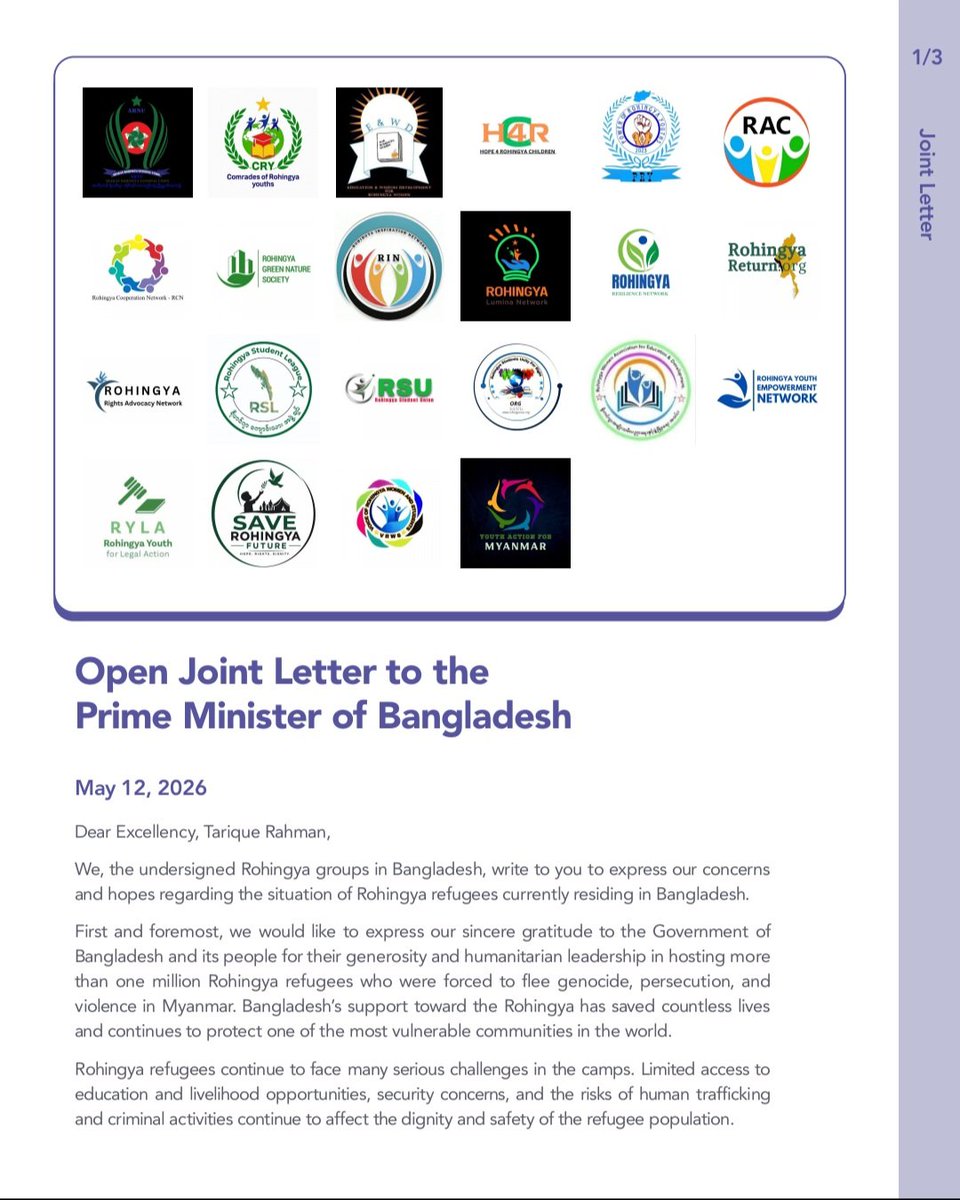 arnu_org's tweet photo. Rohingya organizations in Bangladesh have issued a joint letter to the Prime Minister, expressing gratitude for Bangladesh’s support while urging stronger action for refugee safety, education, dignity, and sustainable solutions.
#Rohingya #Bangladesh #HumanRights #Refugees https://t.co/lFhmKhEbjR