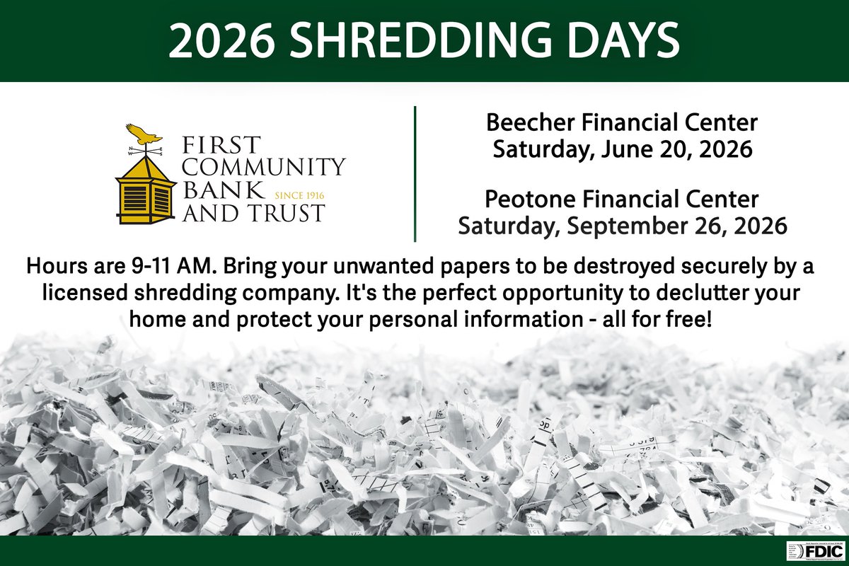 firstcbt's tweet photo. Our first shredding day of the year is one month way! Join us Saturday, June 20th in the parking lot of our Beecher Financial Center. Hours are 9-11 AM and shredding is for personal use only. Swing by and safely dispose of your old documents, all for free! https://t.co/FKh1BQ4ZTb