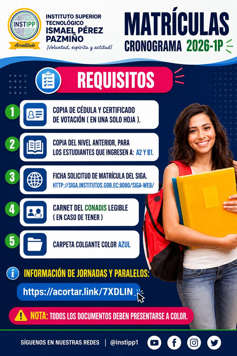instipp1's tweet photo. MATRÍCULAS ABIERTAS CENTRO DE IDIOMAS

El INSTIPP informa a toda la comunidad estudiantil sobre los requisitos para el proceso de matrículas del período académico 2026-1P.

📷 Información de jornadas y paralelos:
📷 https://t.co/fE35M0bv0a https://t.co/BhbXoL0RG0