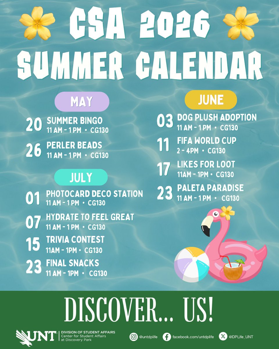 DPLife_UNT's tweet photo. Bingo? Hydration event? Trivia? We've got it all! 😎Check our summer calendar to see our jam packed schedule of Discovery Park events! We hope to see you there! ☀️🌴 https://t.co/fR775DDfwp