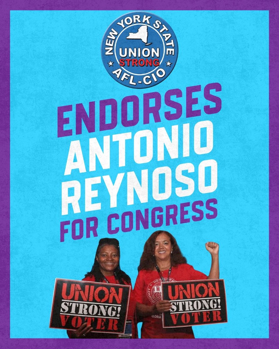 ReynosoBrooklyn's tweet photo. Deeply grateful to have the support of @NYSAFLCIO and the 2.5 million union members, retirees, and working families they represent.

I’ve spent my career fighting alongside labor to give working people dignity, power, and a voice at the table. Now, we're taking the fight to DC. https://t.co/WbnNyvyziu